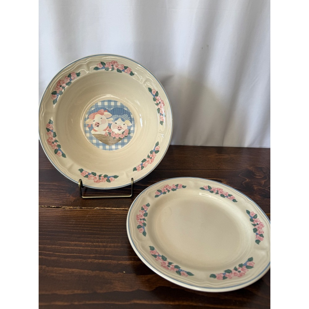 VTG Tienshan Stoneware Pig Pals Pink‎ Gingham Pasta Bowl and Salad Plate Set 2pc